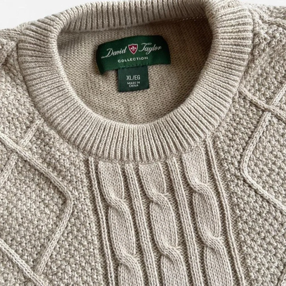 David Taylor Tan Cotton Cable Knit Fisherman Style Pullover Crewneck Sweater XL